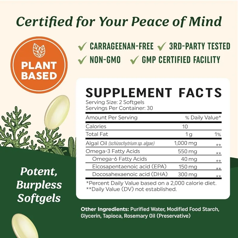 Pure Omega 3 algae oil Plant based DHA EPA non GMO overall health Fish oil substitute 60 capsules soft capsules