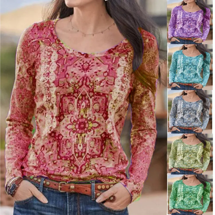 

2021 New Bottoming Shirt Spring and Autumn Retro Printing Tops Ethnic Style T-shirt Women Long-sleeved Pullover Top