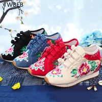 Fashion Single Shoes/plush Women Casual Canvas Embroidered Sneakers Mid Top Lace Up Ladies Comfort Denim Cotton Travel Shoes 1