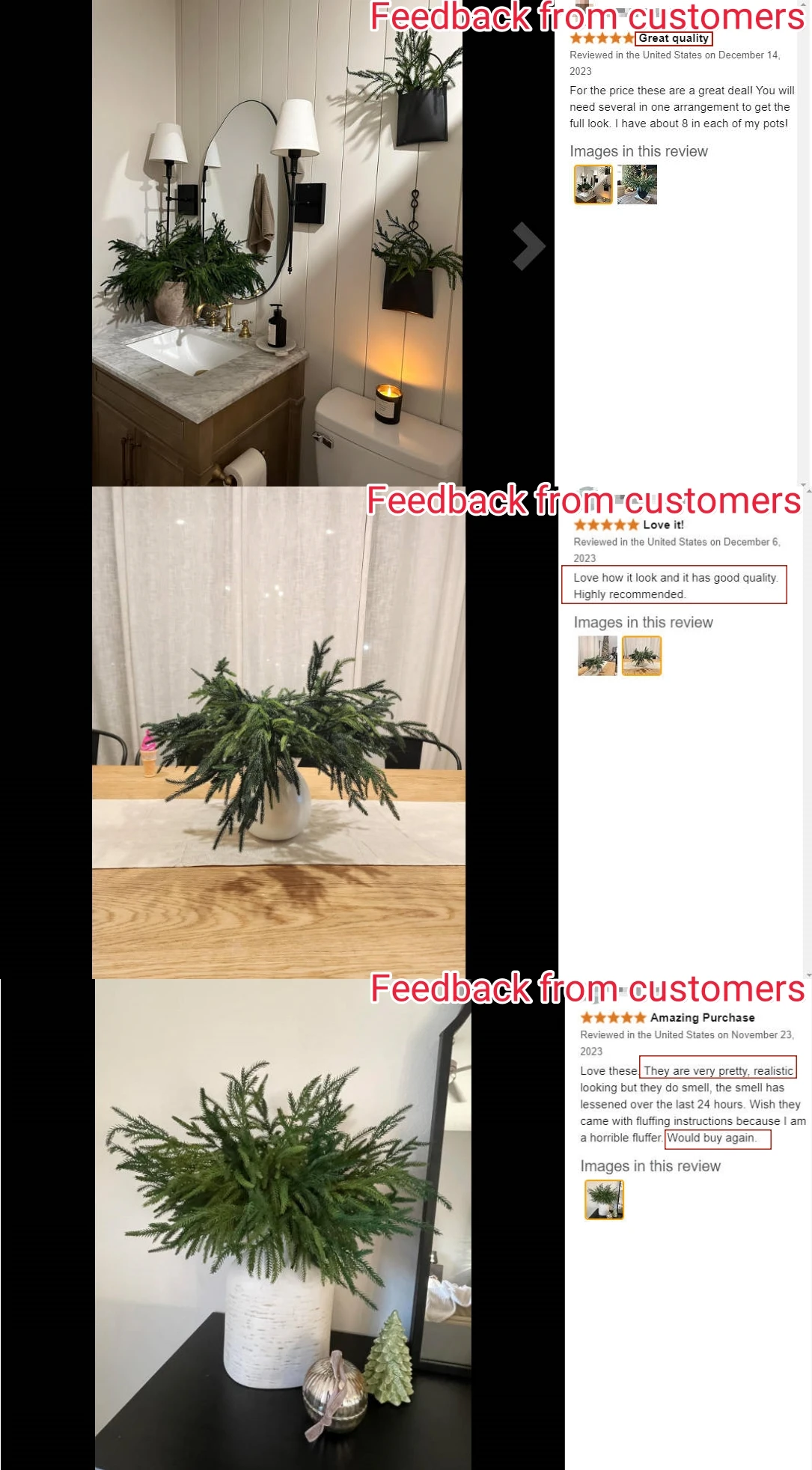 Description Picture 6 of item6-24Pcs Christmas Norfolk Pine Branches 22" Fake Greenery Pine Stems Artificial Plants Pine Needle for Indoor Outdoor Decor