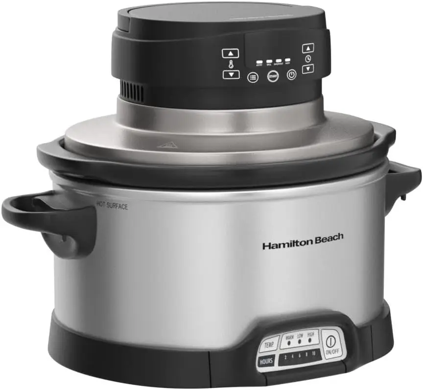 Beach 6 Quart Programmable Slow Cooker With Flexible Easy Programming, 5 Cooking Times, Air Fry Lid with 4 Settings, Di