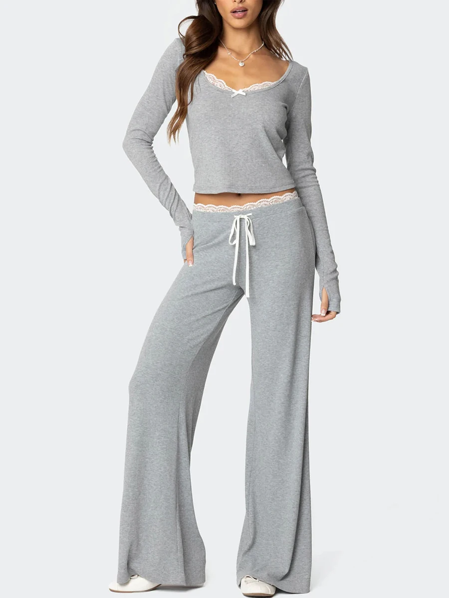 Lace Trim Long Sleeve Top Pants Set