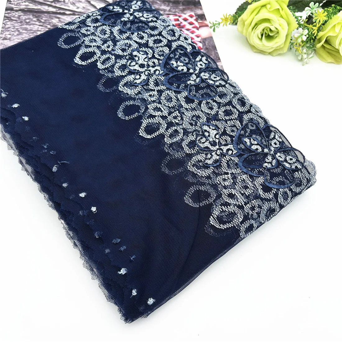 3y/lot Width 19cm Dark Blue Silver Shiny Embroidery Lace Trim For Skirt Hem Clothes Sewing Material DIY Apparel Dress Fabric 5