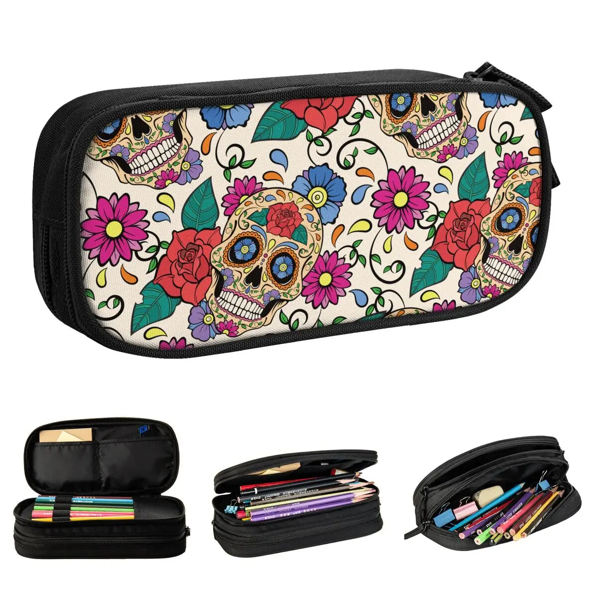 

Sugar Skull Rose Mexican Skeleton Pencil Cases Day of the Dead Halloween Pencil Pouch Pen Big Capacity Bags School Supplies Gift
