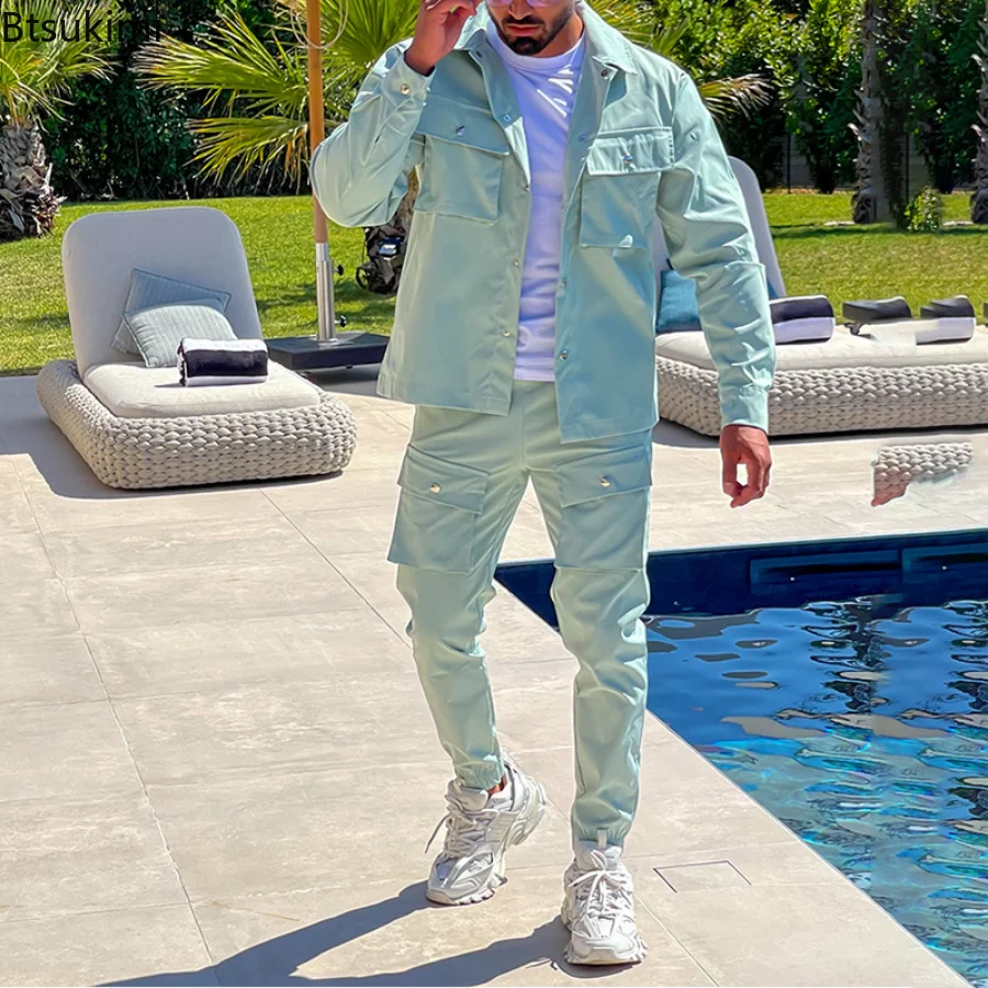 

2023 New Men's Casual 2PCS Overalls Set Solid Streetwear Long Sleeve Jacket Coat+Leggings Pants Sets 2 Pieces Men Clothing Sets