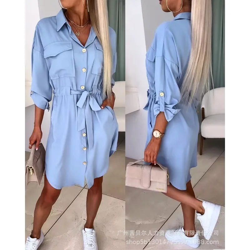 

2023 Women Shirt Dress Summer Autumn Solid Loose Pockets Single Breasted Dress Women Long Sleeve Turn-down Collar Dress Shirt