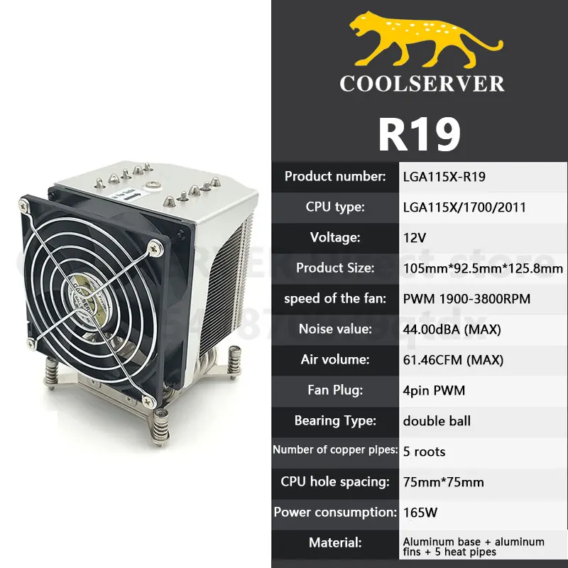 

COOLSERVER R19 4U Server Cpu cooler LGA2011 Cooling Fan 5 heatpipes Radiator Quiet Desktop Case 95mm Fan For LGA Intel 115X 1700