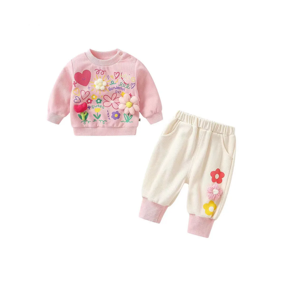 

Kids Girls Sweater Spring And Autumn Set New Little Girls Baby Clothes Baby Two Piece Set Girls 3D Flower Sweater+Pants 2 Pcs