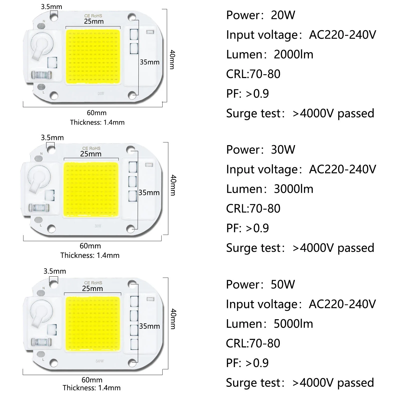 20W 30W 50W LED COB CHIP AC 220V 240V 5000lm White Light without Driving Plant Light Source Flood Chip Spot DIY