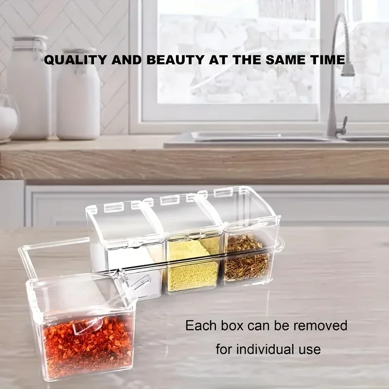 1SET/2SET Four Compartment Transparent Seasoning Box with Spoon Lid and Storage Base Sugar, MSG Four in One Storage Container