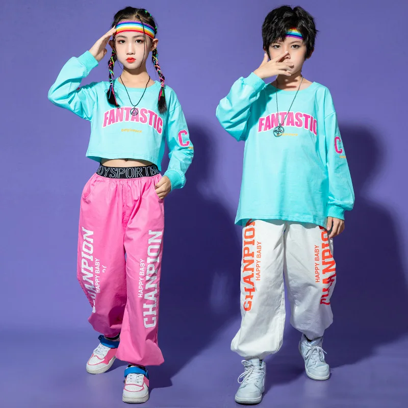 

For 4-16 Yrs Boys Girls Light Blue Hoodies Running Plaid Pants Outfits Cotton Stage Competition Jazz Dance Costumes Pop Clothes