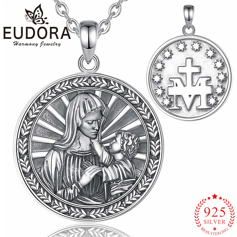

Eudora New 925 Sterling Silver Virgin Mary Necklace Vintage Medal Religious Pendant for Women Men Exquisite Jewelry Party Gifts