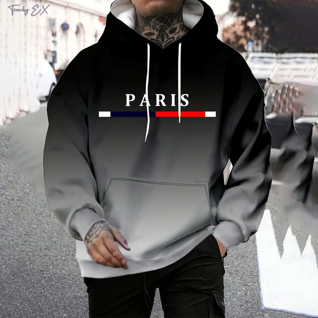 Hooded Sweatshirt Man Fashion Gradient Paris Print Polyester Casual Top Pullover with Slight Stretch Fall Winter Clothes for Men 3