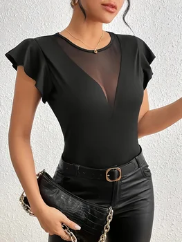 Sexy Deep V Sheer Mesh Patchwork Flutter Sleeve Slim Fit Bodysuit 1