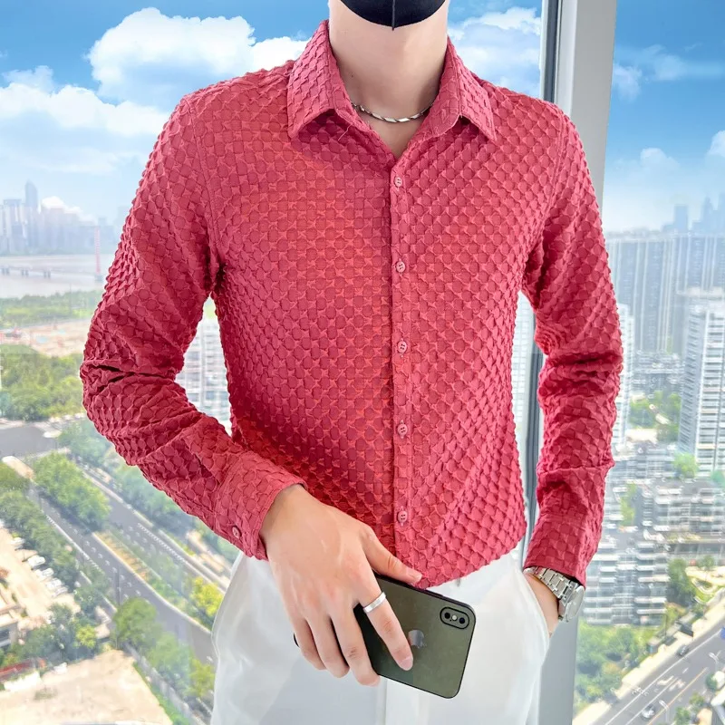Brand Solid Color Shirt Men's 2024 Spring Long Sleeve Slim Casual Business Dress Shirt Social Party Tuxedo Blouse Men Clothing