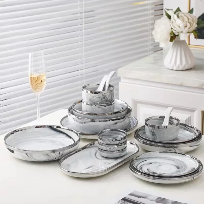 Marble Ceramic Plates With Silver Rim Steak Serving Tray Bowls Ins Dinner Dish Porcelain Dinnerware Set For Family Hotel