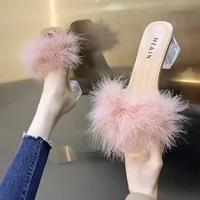 Mules Sandal Women Summer Outdoor Fashion Slippers Square Toe High Heels Office Ladies Feather Slides Chic Classics Furry Shoes 1