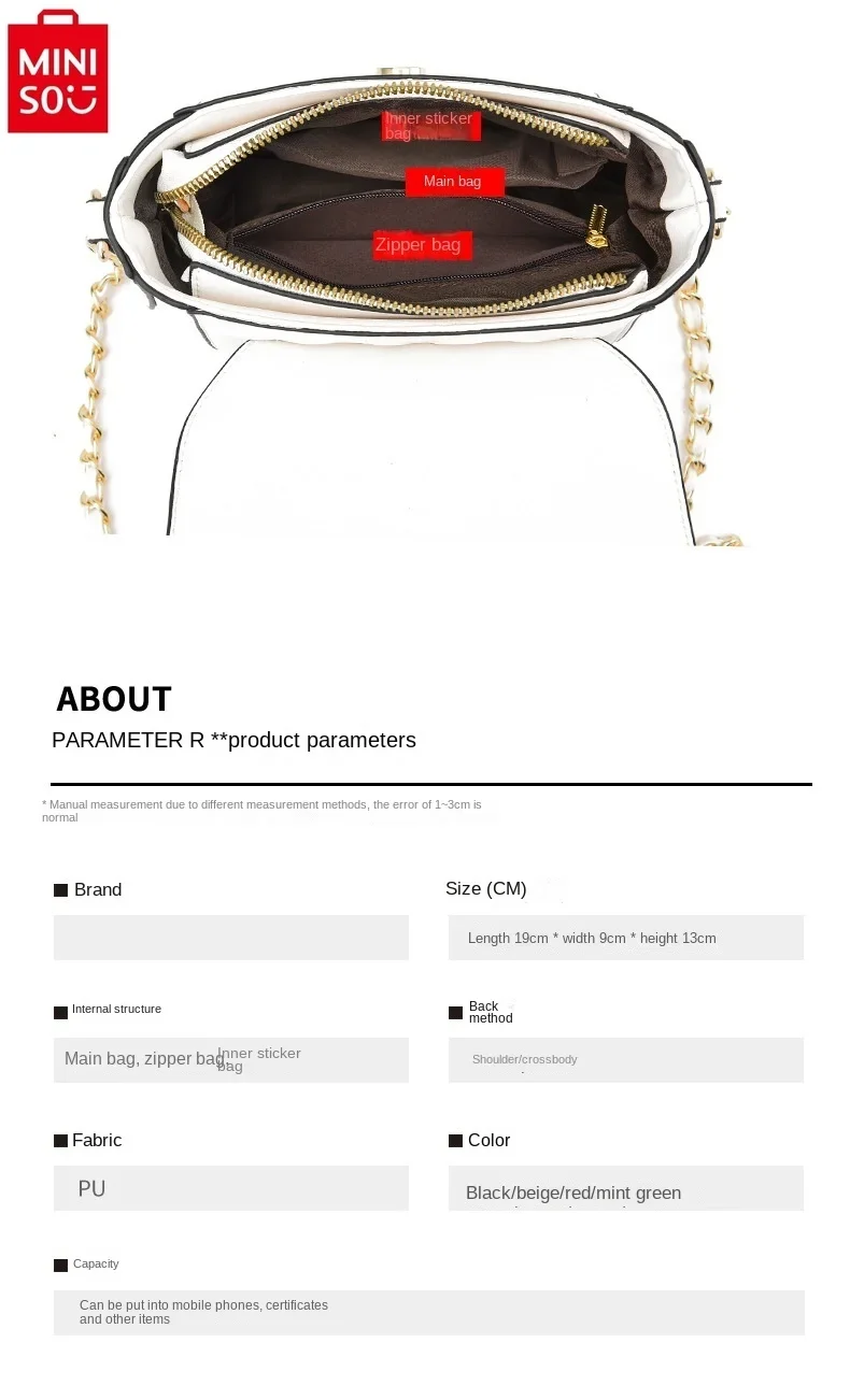 MINISO Disney Mickey Fashion Women's Chain Handbag Student Sweet and Versatile High Quality Crossbody Small Square Bag