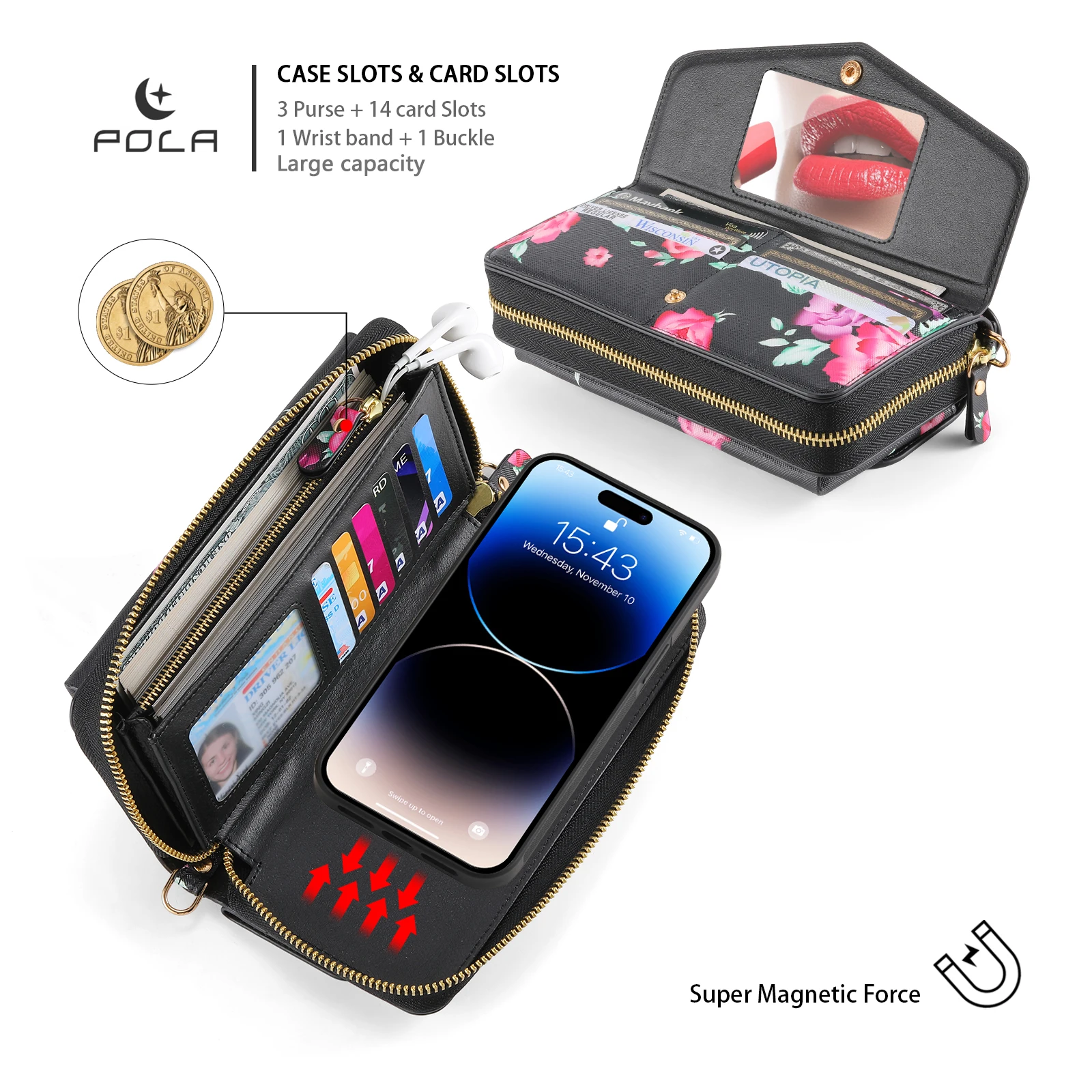 Zipper Detachable Magnetic Leather Wallet Case with MagSafe Charging Capability