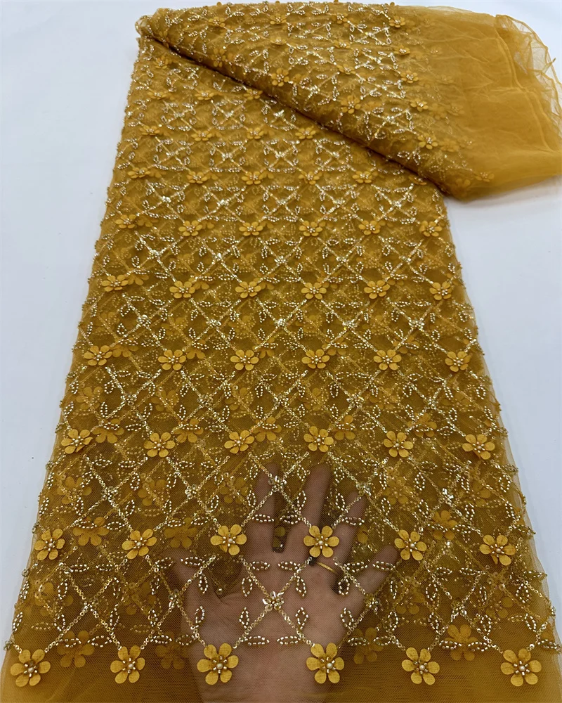 

African Lace Fabric 5 Yards Sequins 2023 High Quality Nigerian tube Beaded Mesh Lace Material for Party Wedding Sewing