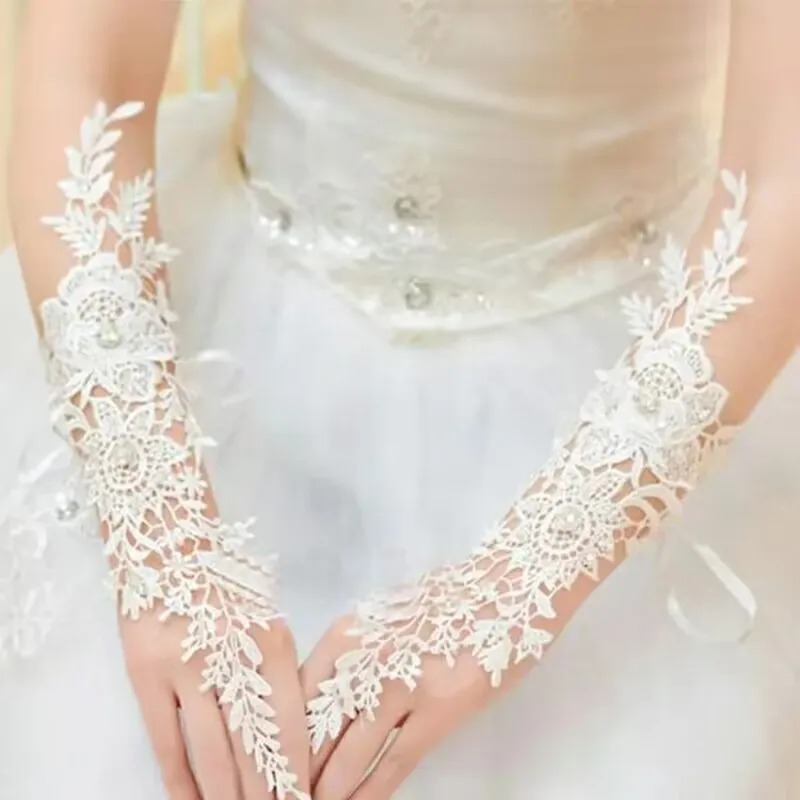 

High Quality Lace Fingerless Bridal Wedding Gloves with Rhinestone for Women Paragraph White Wedding Accessories Elbow Length