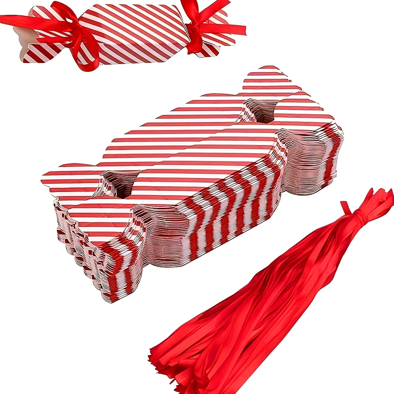 50Pcs Christmas Striped Candy Gift Box Craft Paper With Ribbons Wedding Favor Treat Bag Kids Birthday Cracker Box Xmas Packaging