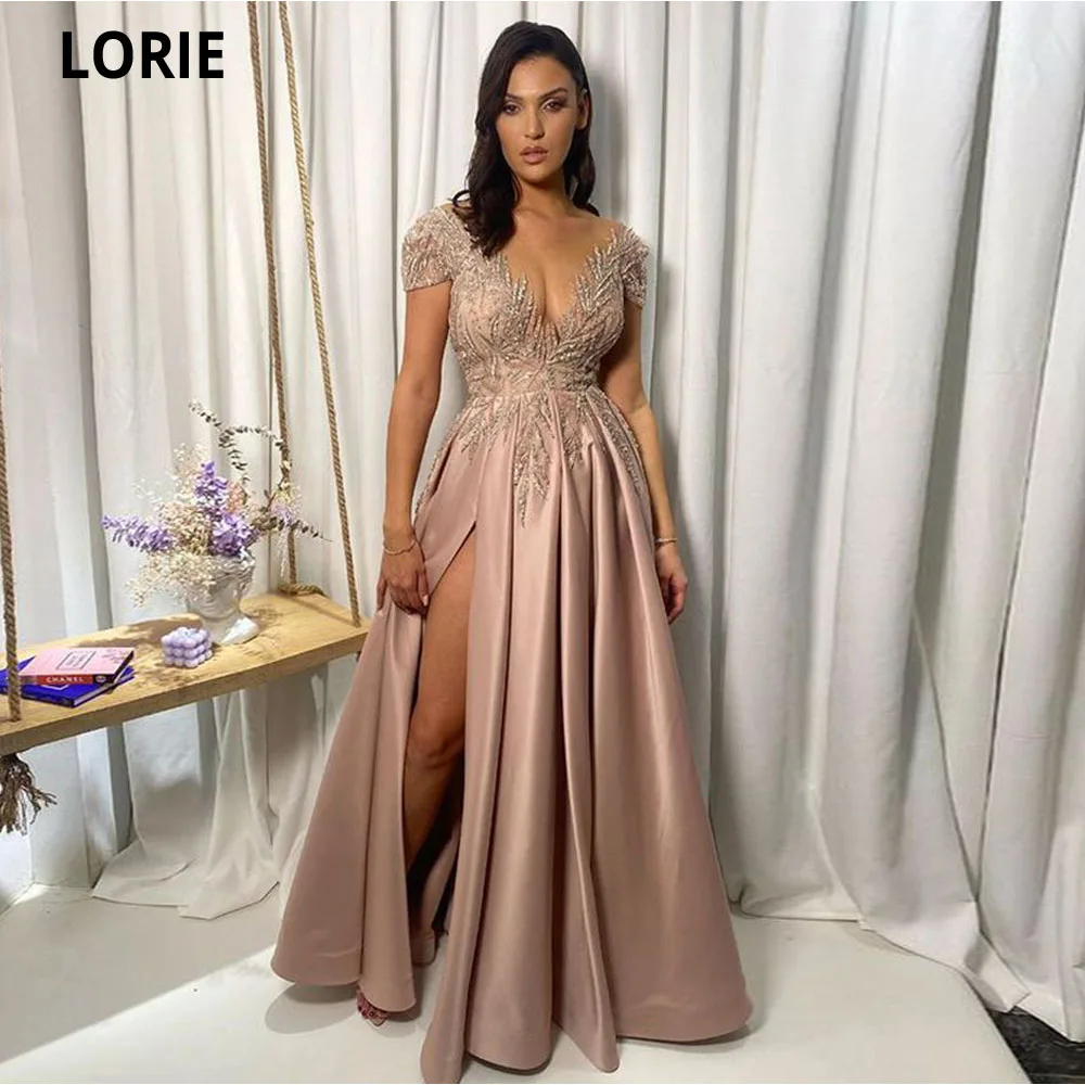 

LORIE Beach Short Sleeves Prom Dresses V-neck Floor Length Beaded Side Split Evening Party Gowns Vestidos De Mujer Para Bodas