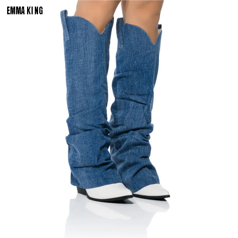 

2022 Fashion Denim Knee High Boots Blue Solid Unique Patchwork Low Heel Woman Ankle Catwalk Runway Sexy New Arrival Shoes 44