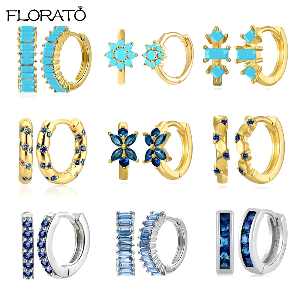 

2PCS Luxury Blue Minimal Hoop Earrings for Women Crystal Zirconia Small Huggie Thin Cartilage Earring Tragus Piercing Jewelry