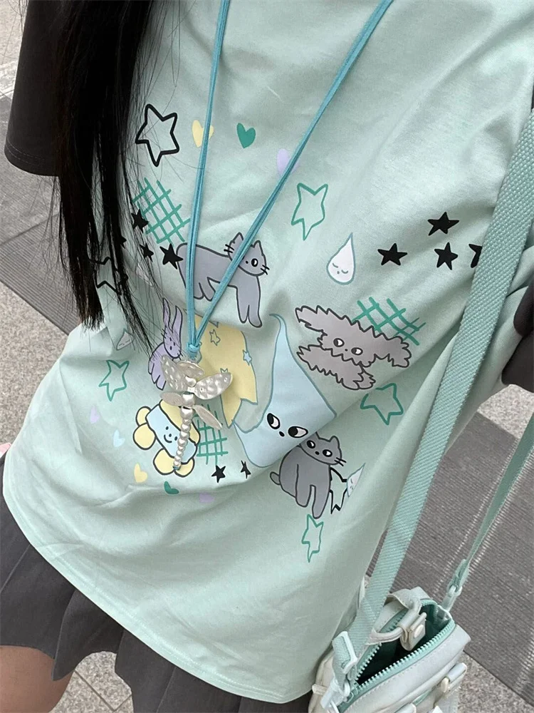 

Tees Oversized Korean Cute Sweet Girly Patchwork Top Summer QWEEK Y2K Japanese Style T-Shirt Women Harajuku Kawaii Anime Print