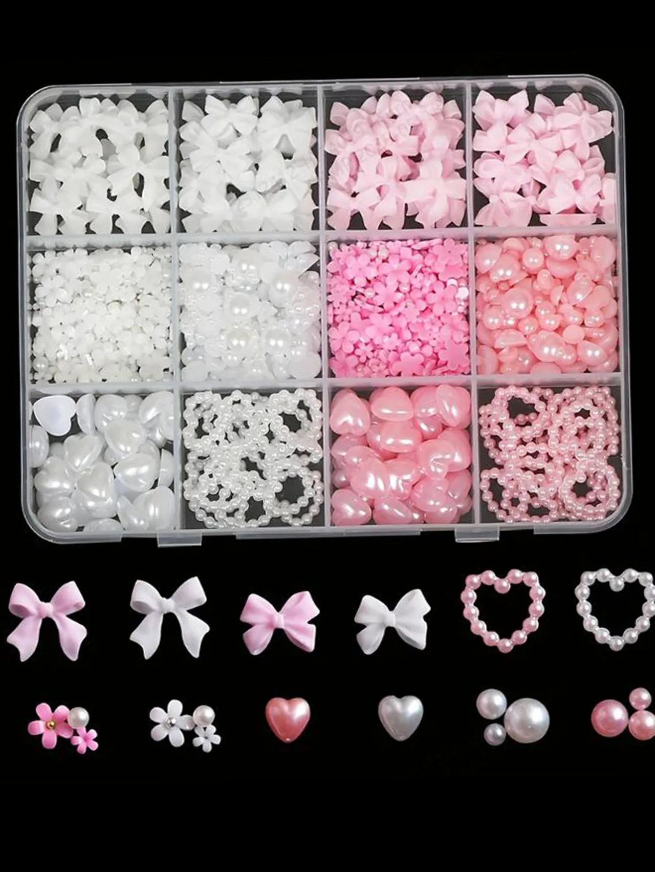 12 Gitter 3D gemischte Harz Schleife/Stern/Mond Nagel Charms Band, Blume, simulierte Perle Nail Art Dekorationen für DIY Maniküre Handwerk Teil – Detail 4
