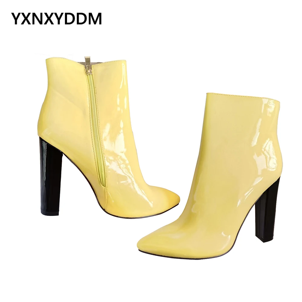

Yellow Artificial Patent Leather Chunky High Heel Short Boot for Women 2023 Pointed Toe Block Heel Booties with Zipper 10.5-13cm
