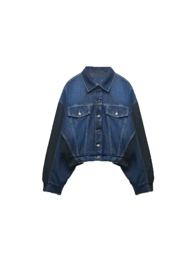 

Nlzgmsj TRAF Bomber Denim Jackets for Women Spring Autumn Vintage Chic Long Sleeve Single Breasted Jean Coats Tops Outerwear