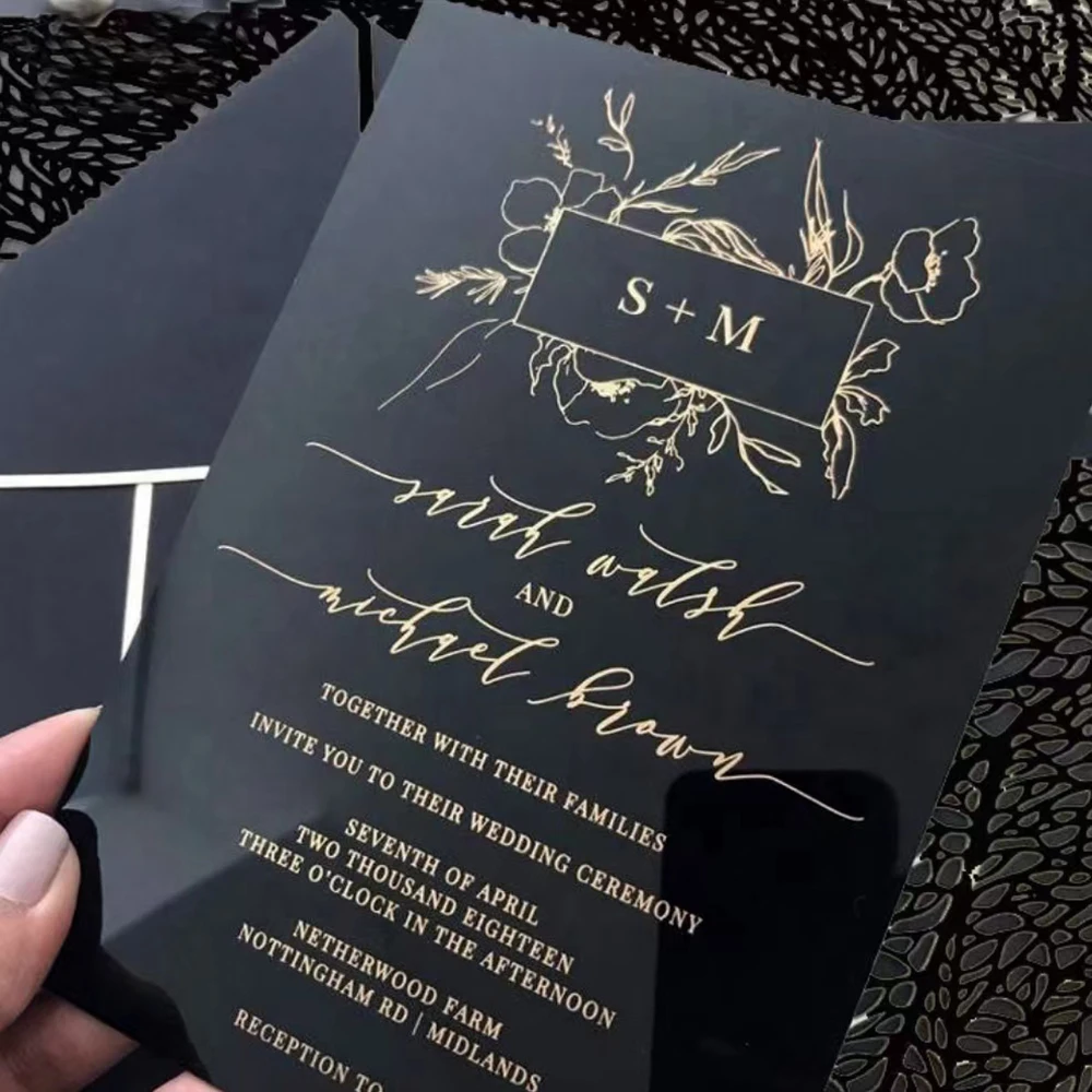 

New Design 2022 Custom Black And Mirror Acrylic Wedding Invitations Card