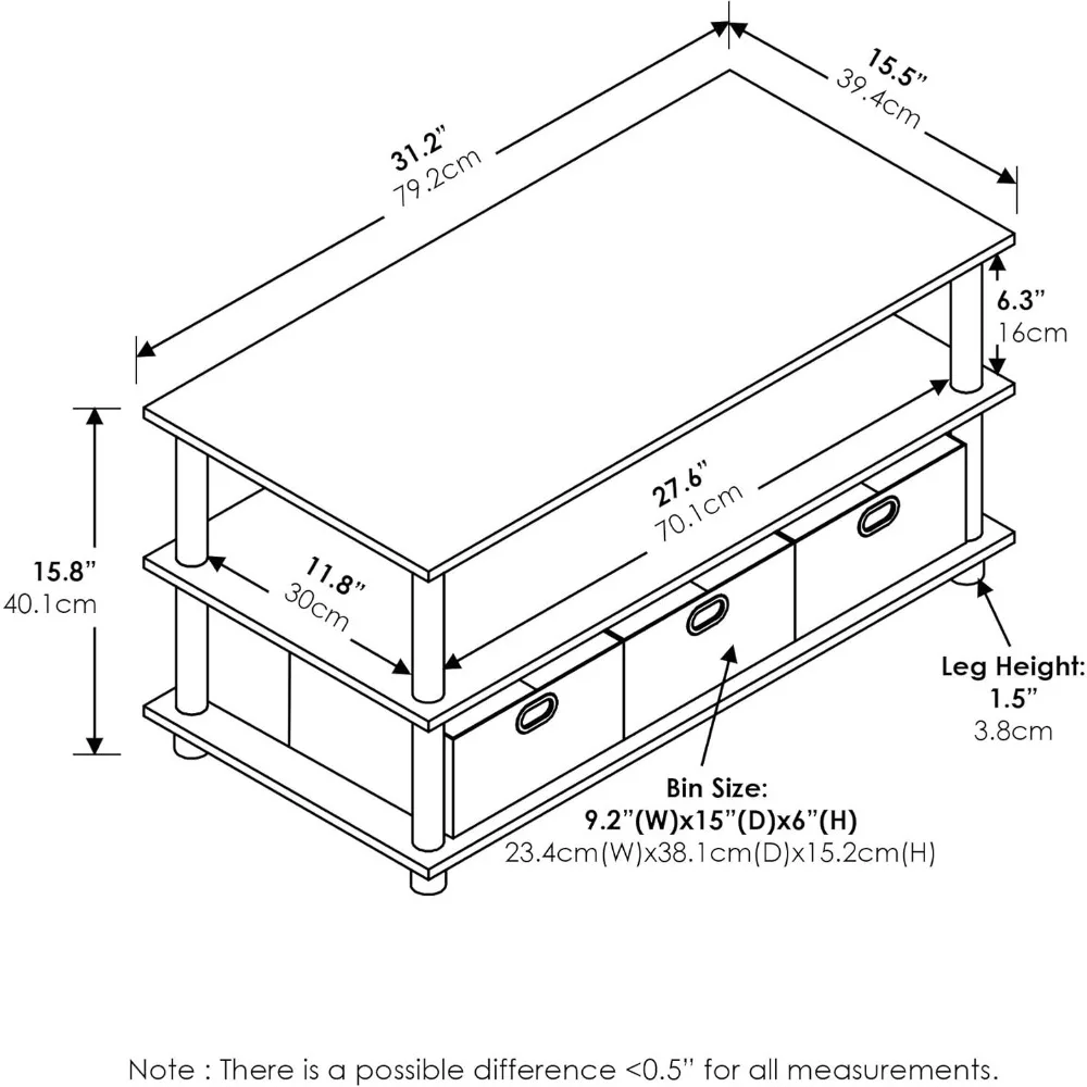 Coffee Table, 31.22D x 15.5W x 15.8H in, French Oak Grey/Black/Black 3