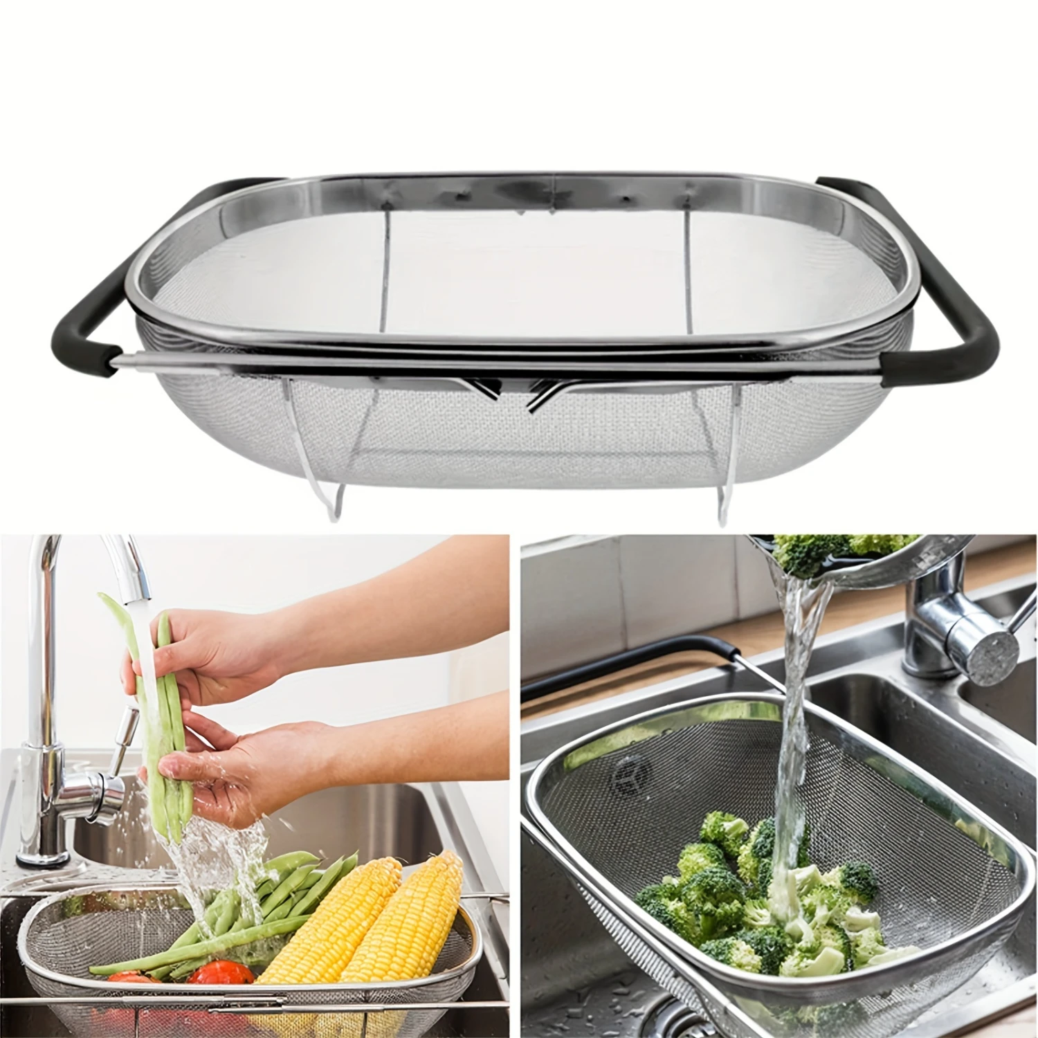 Stainless Steel Over-The-Sink Colander-Telescopic Mesh Basket For Fruits & Veggies, Kitchen Gadget For Washing And Dra