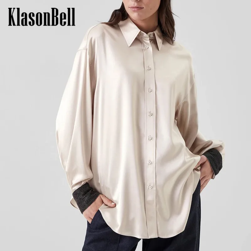 

10,16 KlasonBell темпераментная ацетатная дизайнерская рубашка средней длины с отложным воротником и цепочкой из бисера для женщин