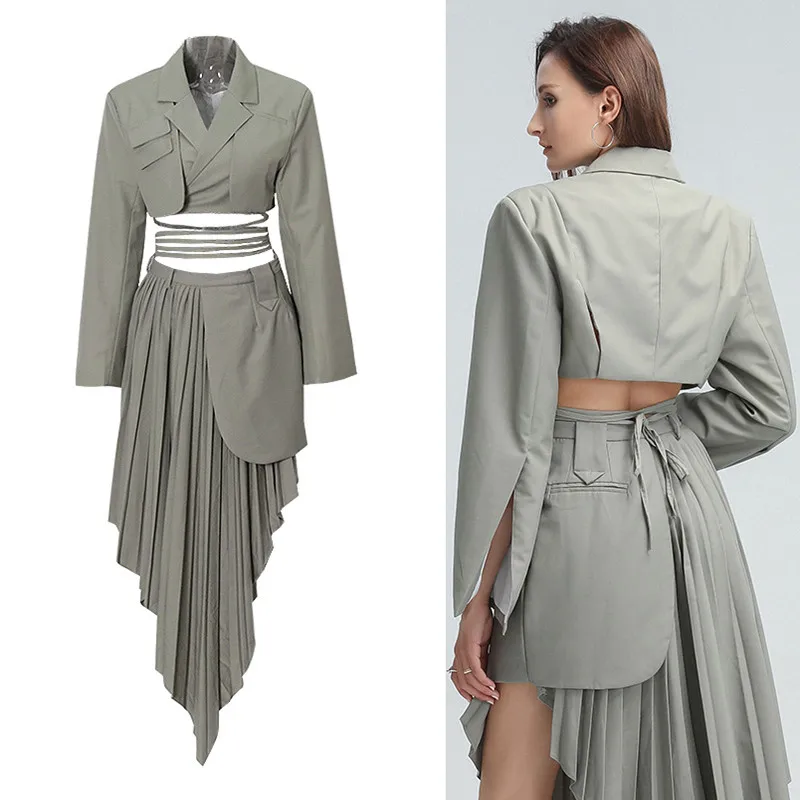 

Two Pieces Set Patchwork Bandage Blazer For Women Notched Collar Long Sleeve Hollow Out Coat Female 2023 Korean Clothing