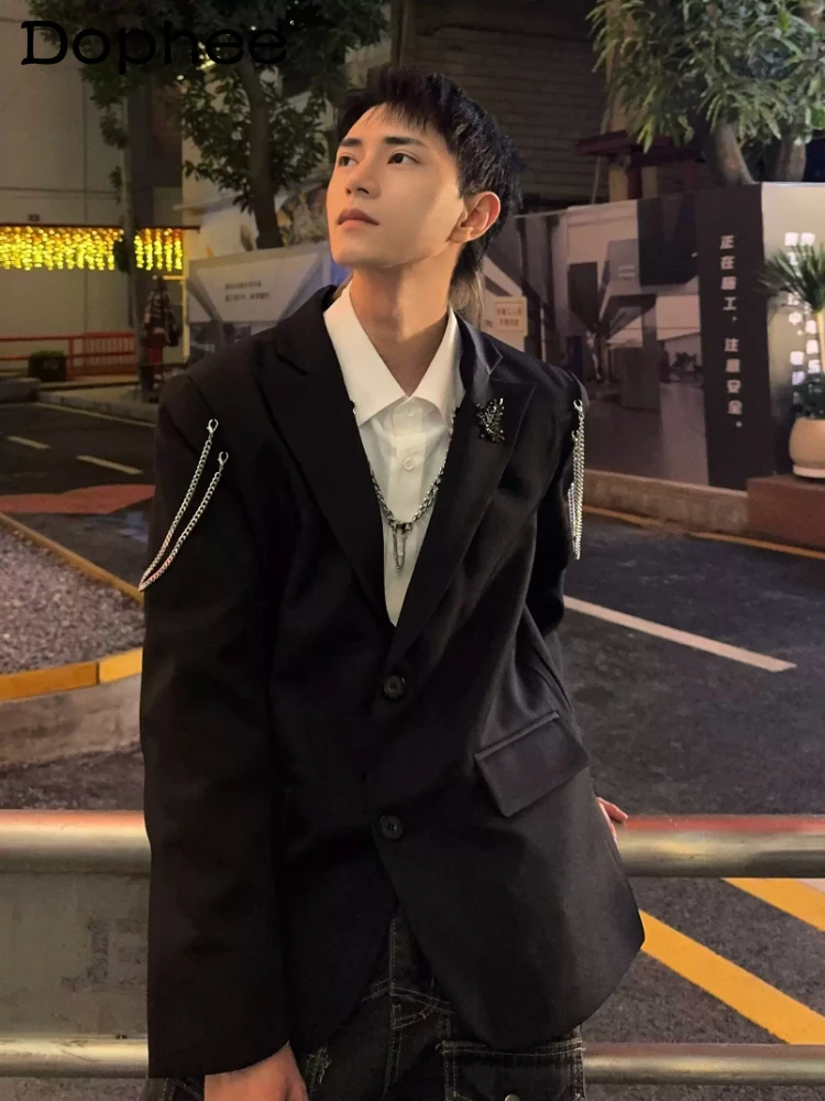 

Fashion 2024 New Long Sleeve Blazer Coat Men's Trendy New High-End Male Loose Metal Decorative Small Blazers Chain Suit Jackets