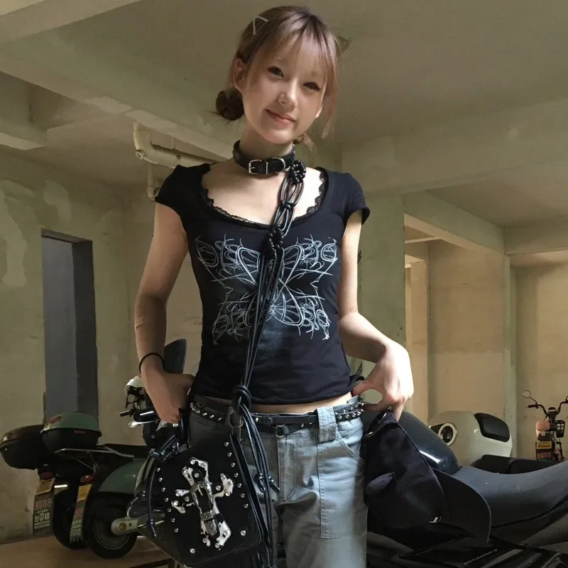 Karrram Trashy Y2k Tops Japanese 2000s Lace Short Sleeve T