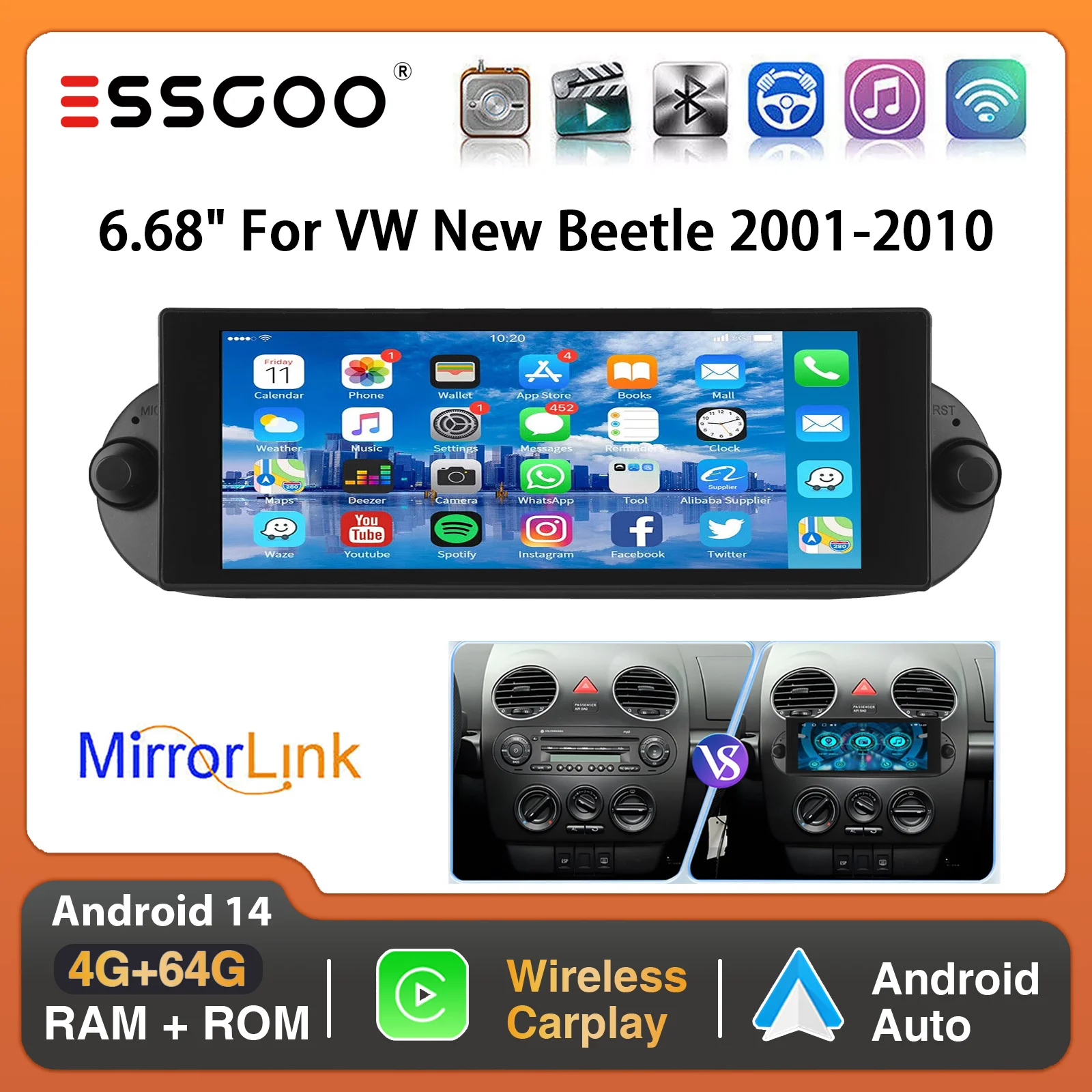 ESSGOO 64G 7-calowy Radio Samochodowe z Androidem 14 do VW Beetle 01-10 Bezprzewodowy Carplay GPS Navi FM WiFi BT RDS Sterowanie Kierownicą Mirror Link Ekran Dotykowy IPS