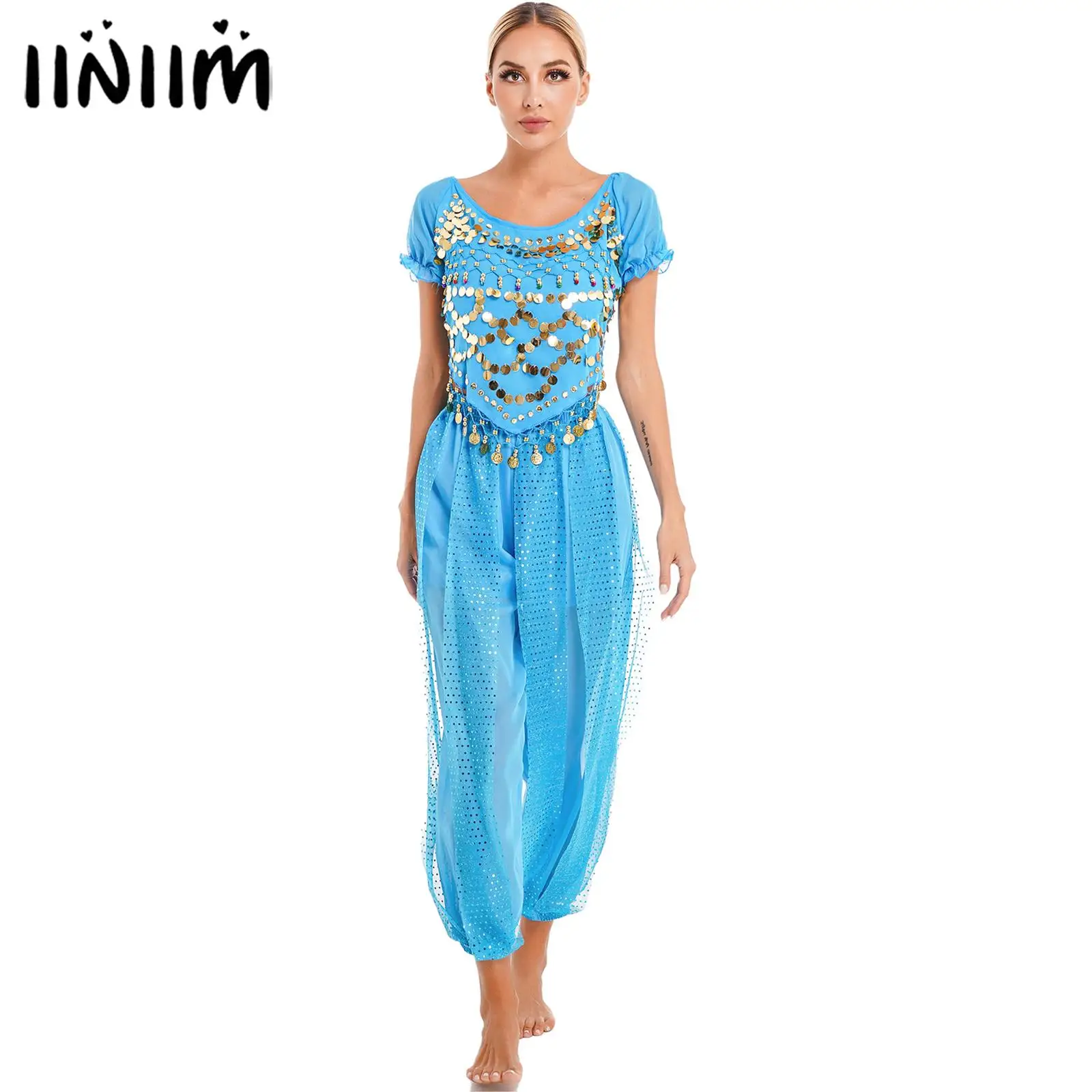 

Womens Belly Dance Costume Dancer Outfit Sparkly Sequin Puff Sleeve Lace-up Back Crop Top Harem Pants Dancewear