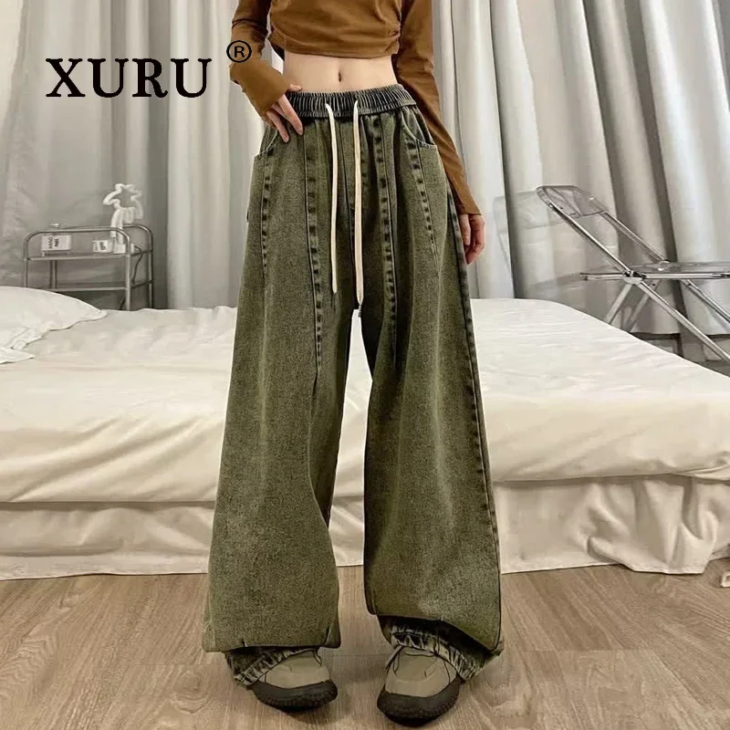 XURU - European and American New Pleated Faded Drawstring Jeans for Women, Retro Washed Wide Leg Casual Workwear Pants K27