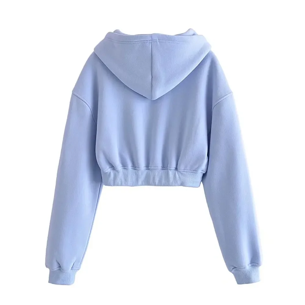 Autumn 2024 New Chest Embroidery Cute Printing Blue Casual Soft Plus Velvet Thick Hooded Short Sports Sweater Drawstring Top