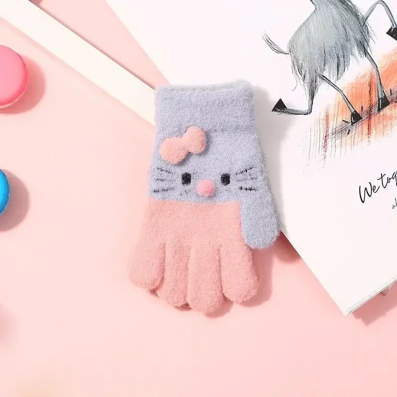 Knitted Gloves Children Gloves Sanrio Hello Kitty Gloves Kawaii Soft Warm Children's Knitted Gloves Cute Girl Rabbit Wool Knitted Thermal Full Finger