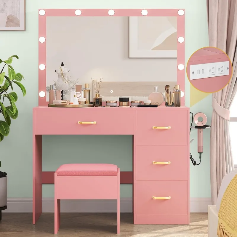 

Vanity Desk with LED Lighted Mirror & Power Outlet, Makeup Vanity Table with 4 Drawers and Cushioned Stool
