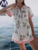 Women's Summer Jumpsuit 2025 New Printed Half Sleeve Lapel Shirt Jumpsuit Fashionable Casual Loose Belt Women Jumpsuit Shorts - Image 2