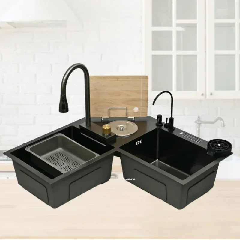 Stainless Steel Kitchen Sinks Corner Double-slot Dishwashing Sink for Kitchen L-shaped Large Corner Dishwashing Basin Handmade X