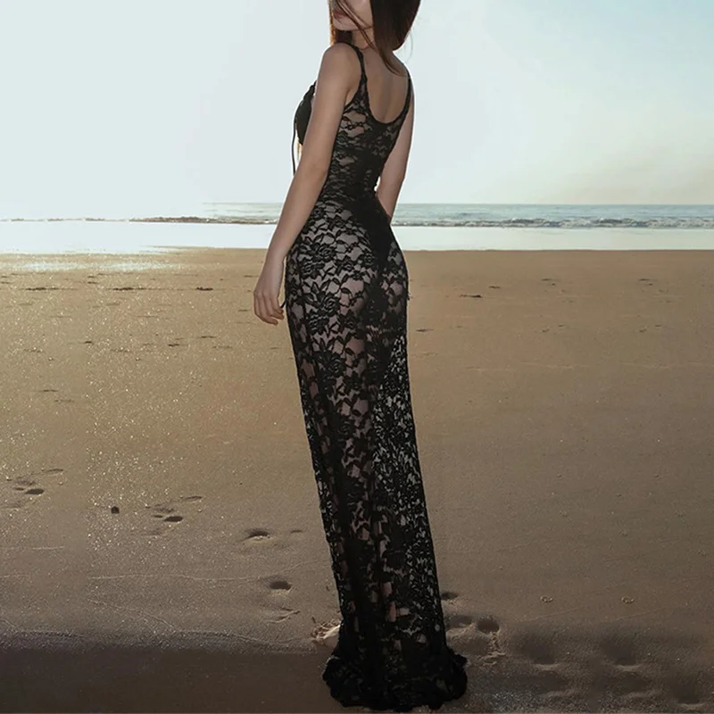 Lace Dresses Women Summer Sheer See Through Spaghetti Strap Sleeveless Bodycon Long Dress Sexy Evening Party Dresses