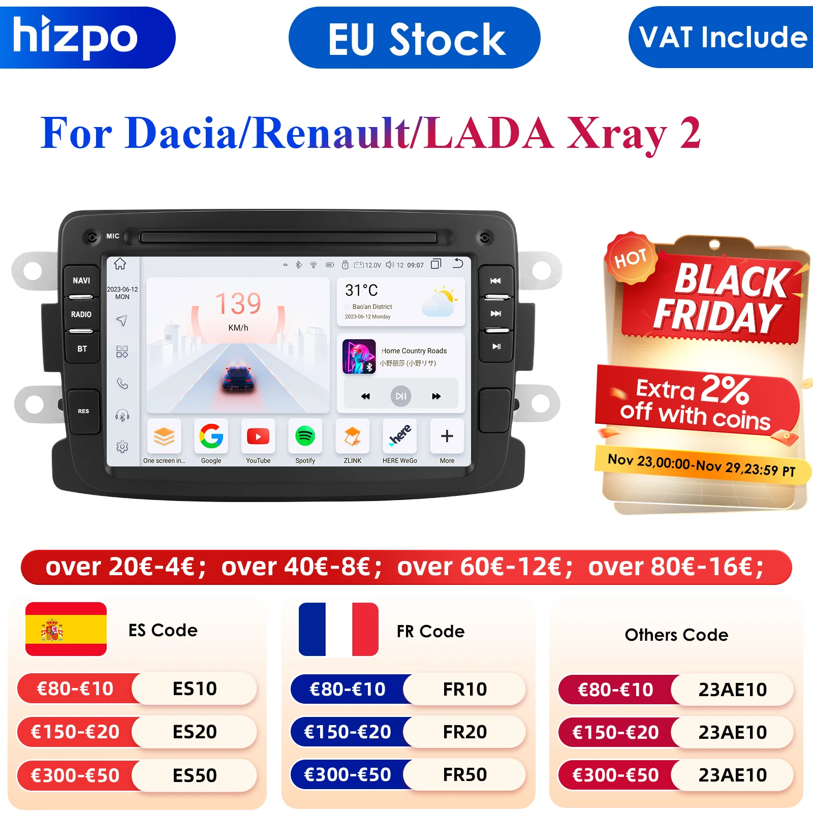 Hizpo Android 12 Car Radio Gps Navigation For Renault/dacia/sandero/duster/ captur/lada Xray 2/logan Multimedia Player Auto Rds